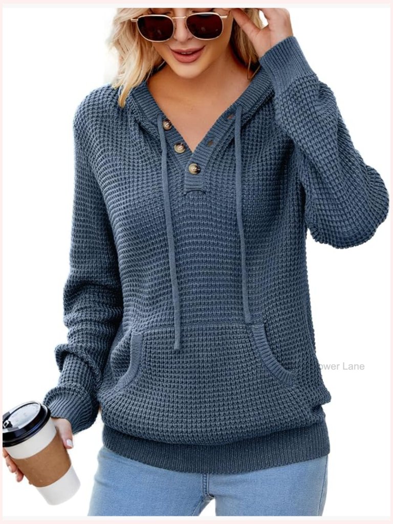 Oversized V-Neck Knit Pullover Hoodie Sweater Women Long Sleeve Fall